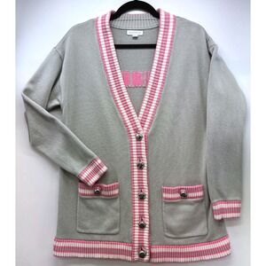 Charter Club More Love Gray Pink Striped Cardigan Sz L Preppy Coquette Statement
